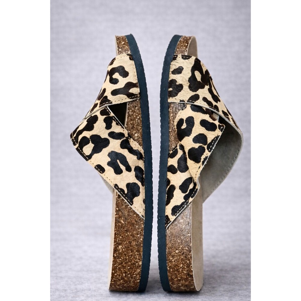 Leopard Pony Hair Sandals Womens 8.5 Criss Cross Slip On Boho - Picture 3 of 8